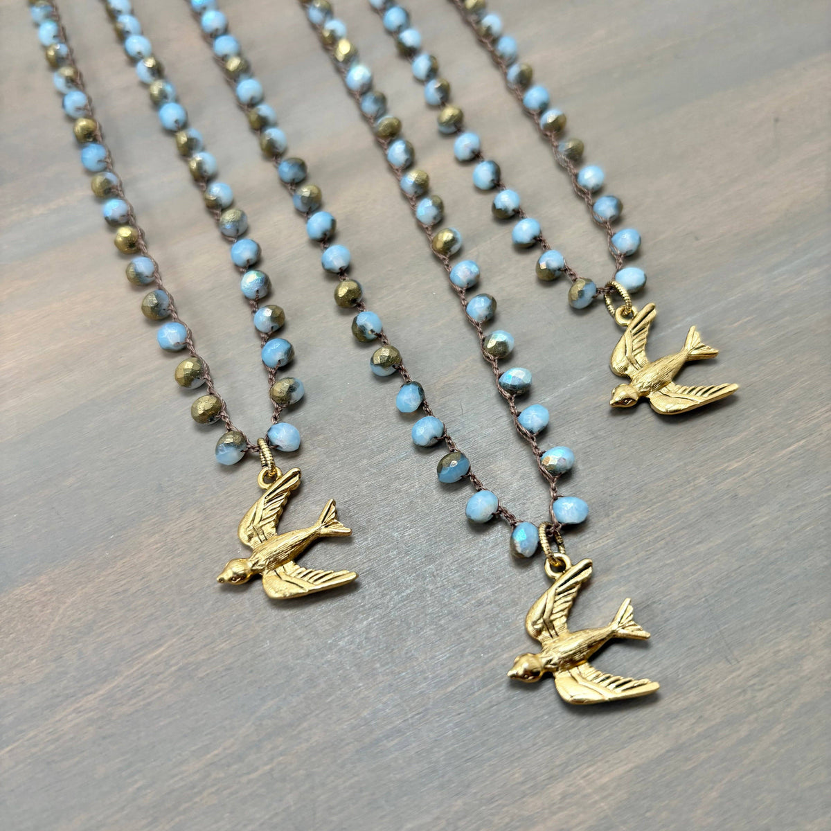 Golden Wing Fly Away Bird Crocheted Crystal Necklace