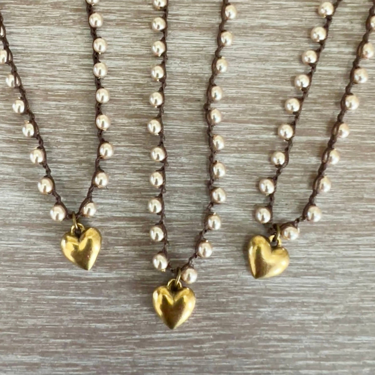 Classic Glass Pearl Necklace with Small Golden Heart Charm