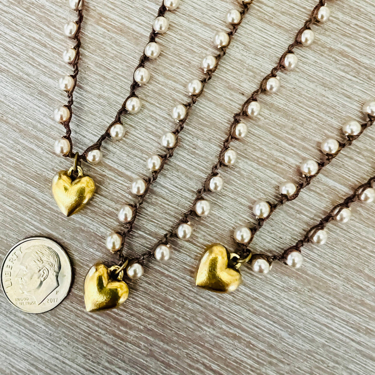 Classic Glass Pearl Necklace with Small Golden Heart Charm