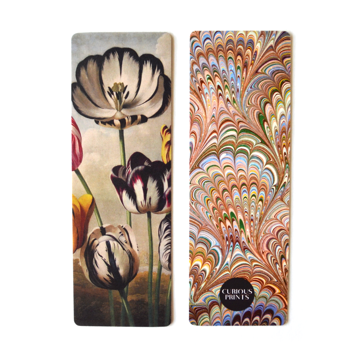 Botanical Tulips Double-Sided Bookmark with Vintage Marbling