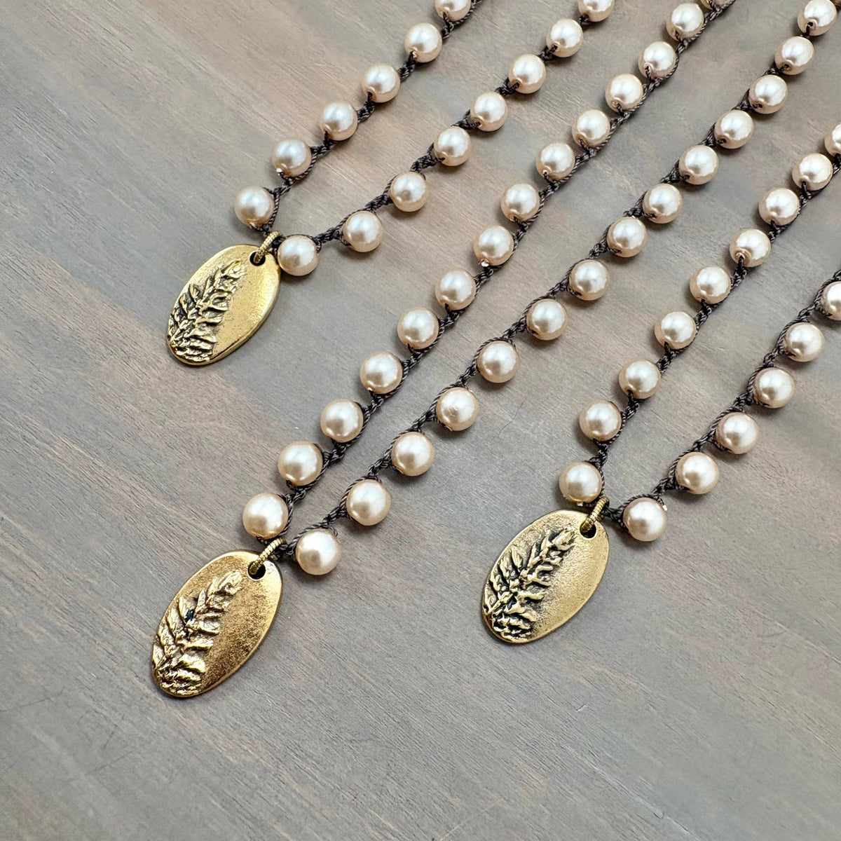 Redwood Forest Golden Pendant Crocheted Necklace With Classic Glass Pearls
