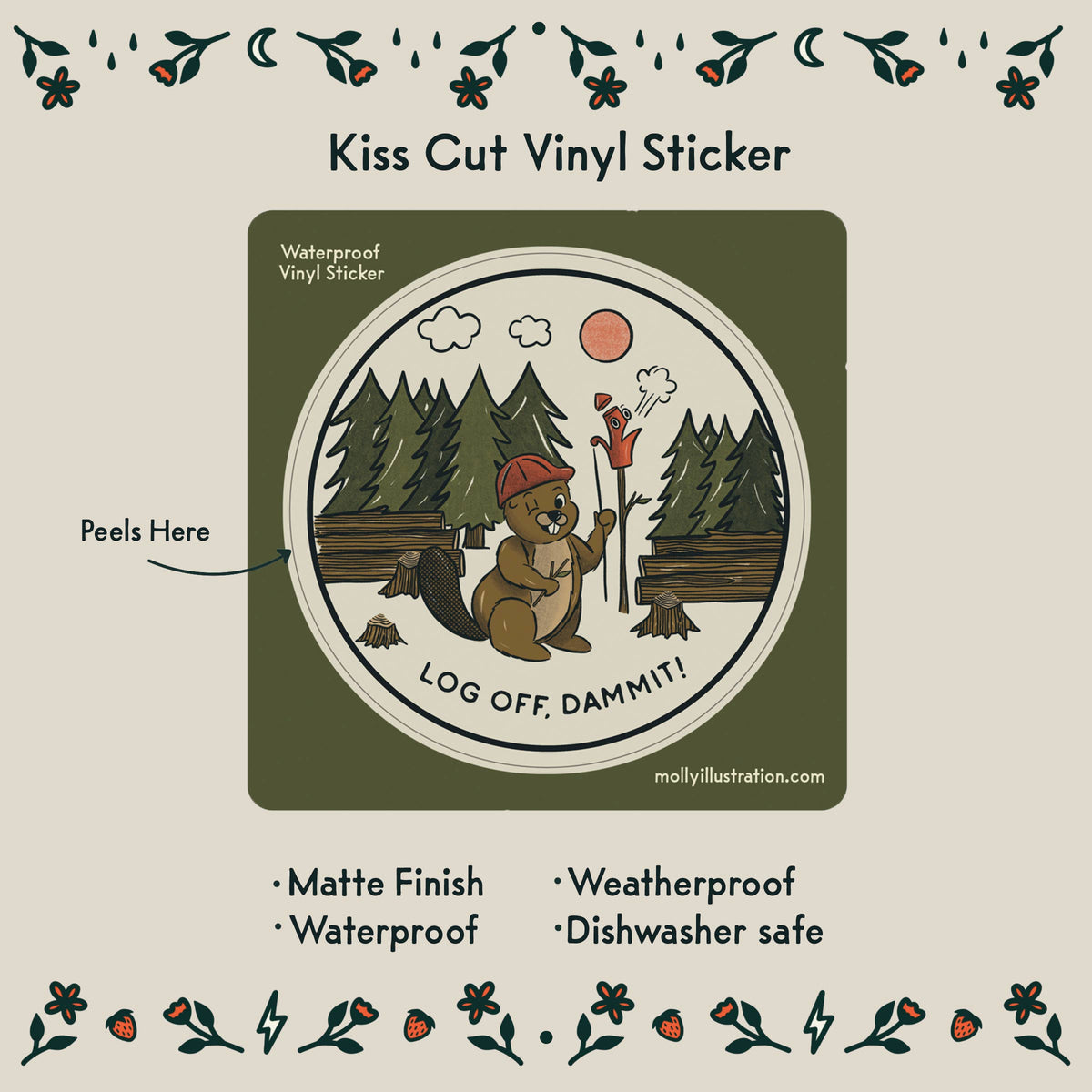 Log Off, Dammit! Cartoon Beaver Waterproof Vinyl Sticker