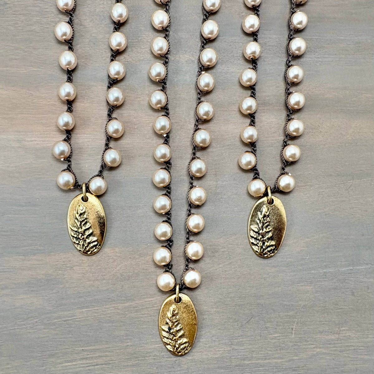 Redwood Forest Golden Pendant Crocheted Necklace With Classic Glass Pearls