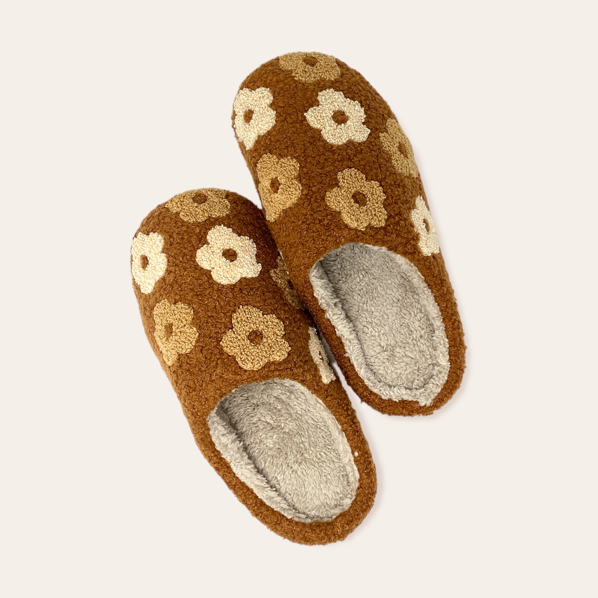 Fuzzy Slippers Brown Flower