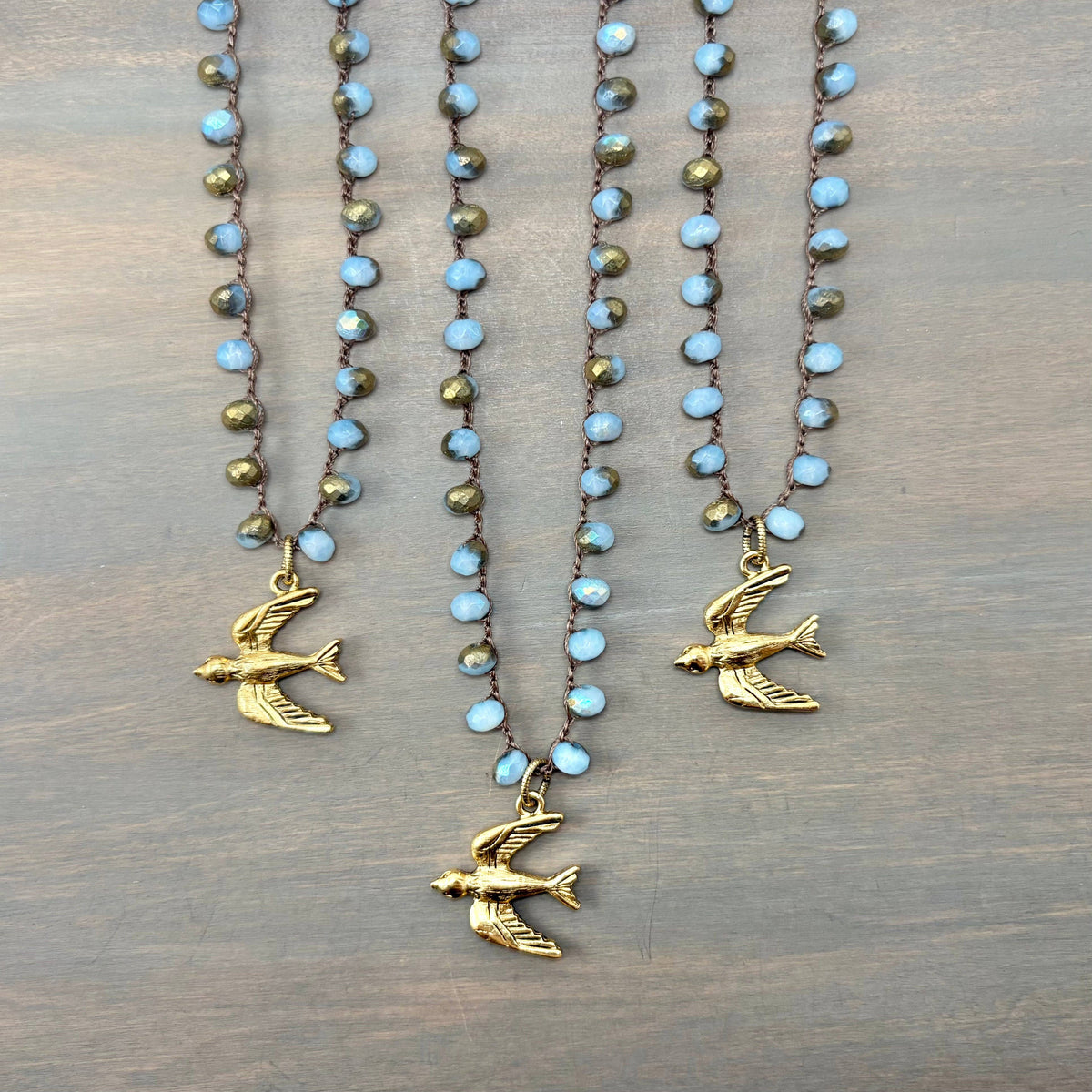 Golden Wing Fly Away Bird Crocheted Crystal Necklace