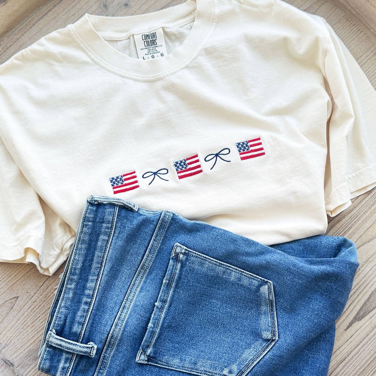 American Flag and Dainty Bow Embroidered T-Shirt