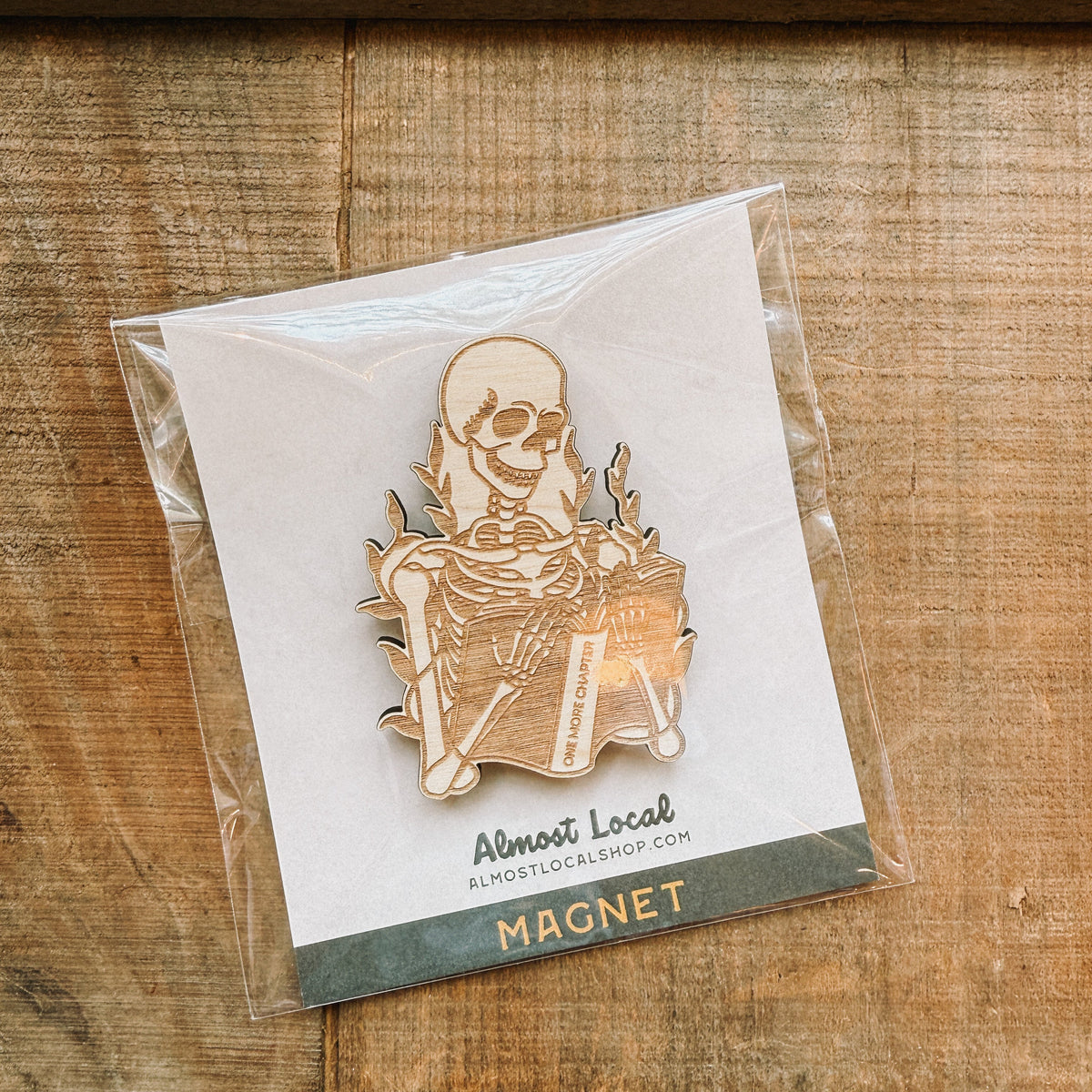One More Chapter Skeleton Wooden Magnet
