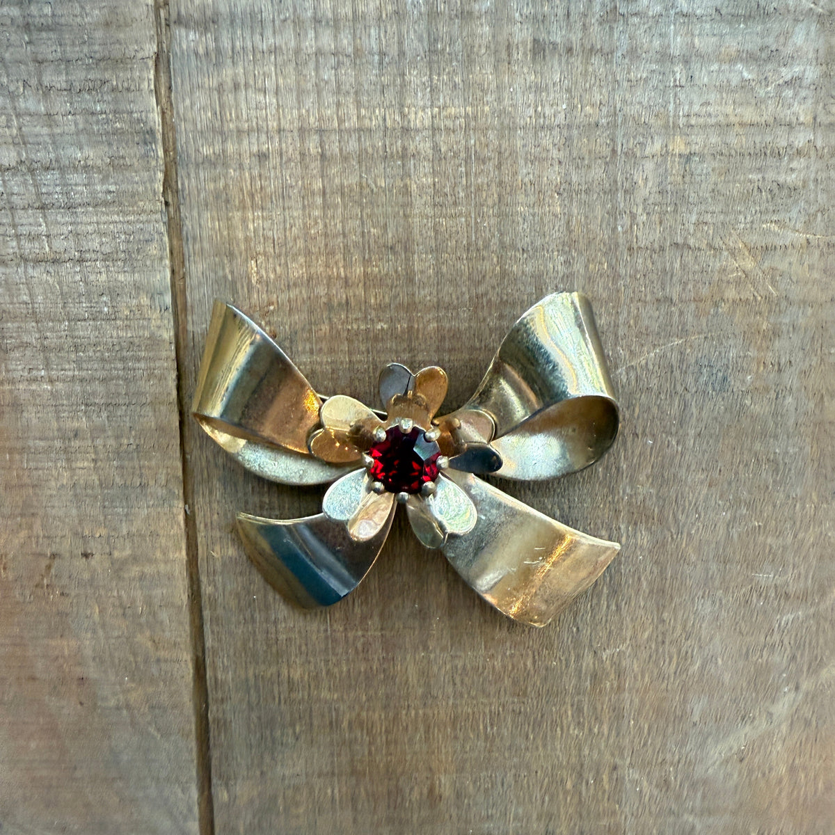 Large Gold Bow Red Rhinestone Brooch Vintage Large Statement 50s 60s Ruby Glass