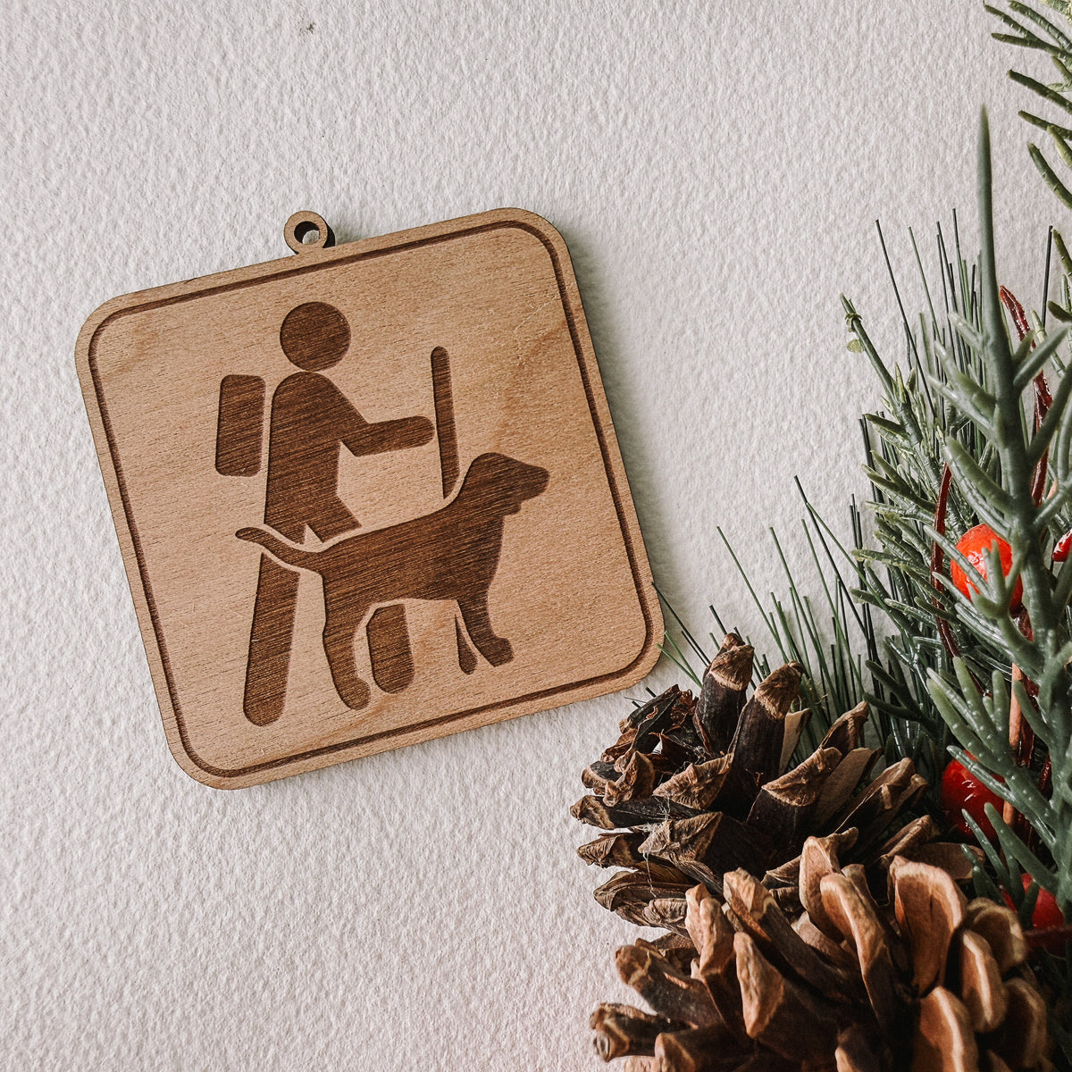 Hiker & Dog Wood Ornament