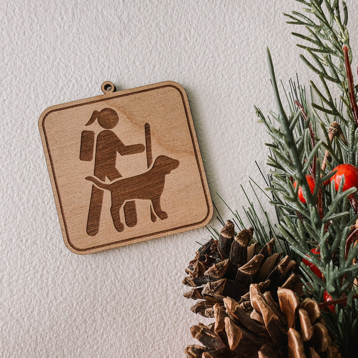 Ponytail Hiker & Dog Wood Ornament
