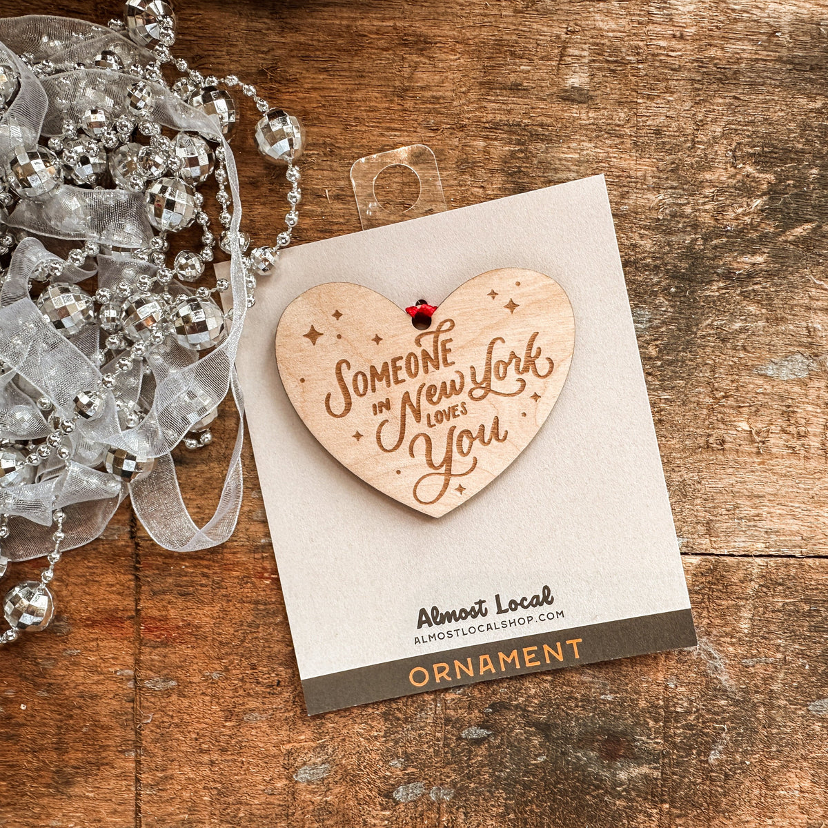 Heart Someone in NY Loves You Wood Ornament