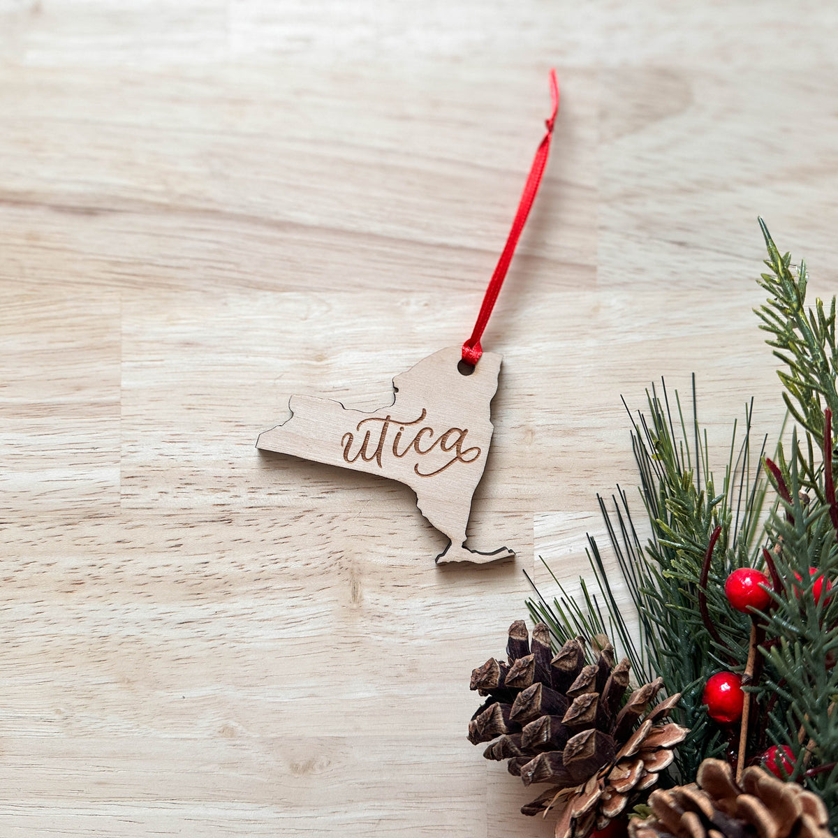 Utica New York Hand Lettered Wood Ornament