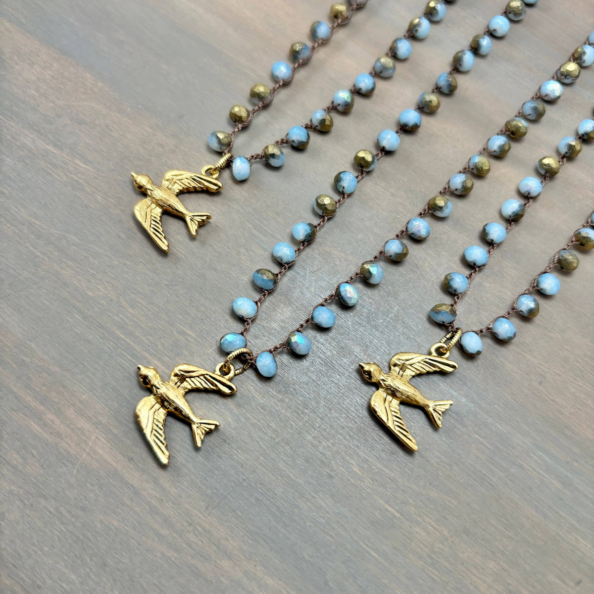 Golden Wing Fly Away Bird Crocheted Crystal Necklace