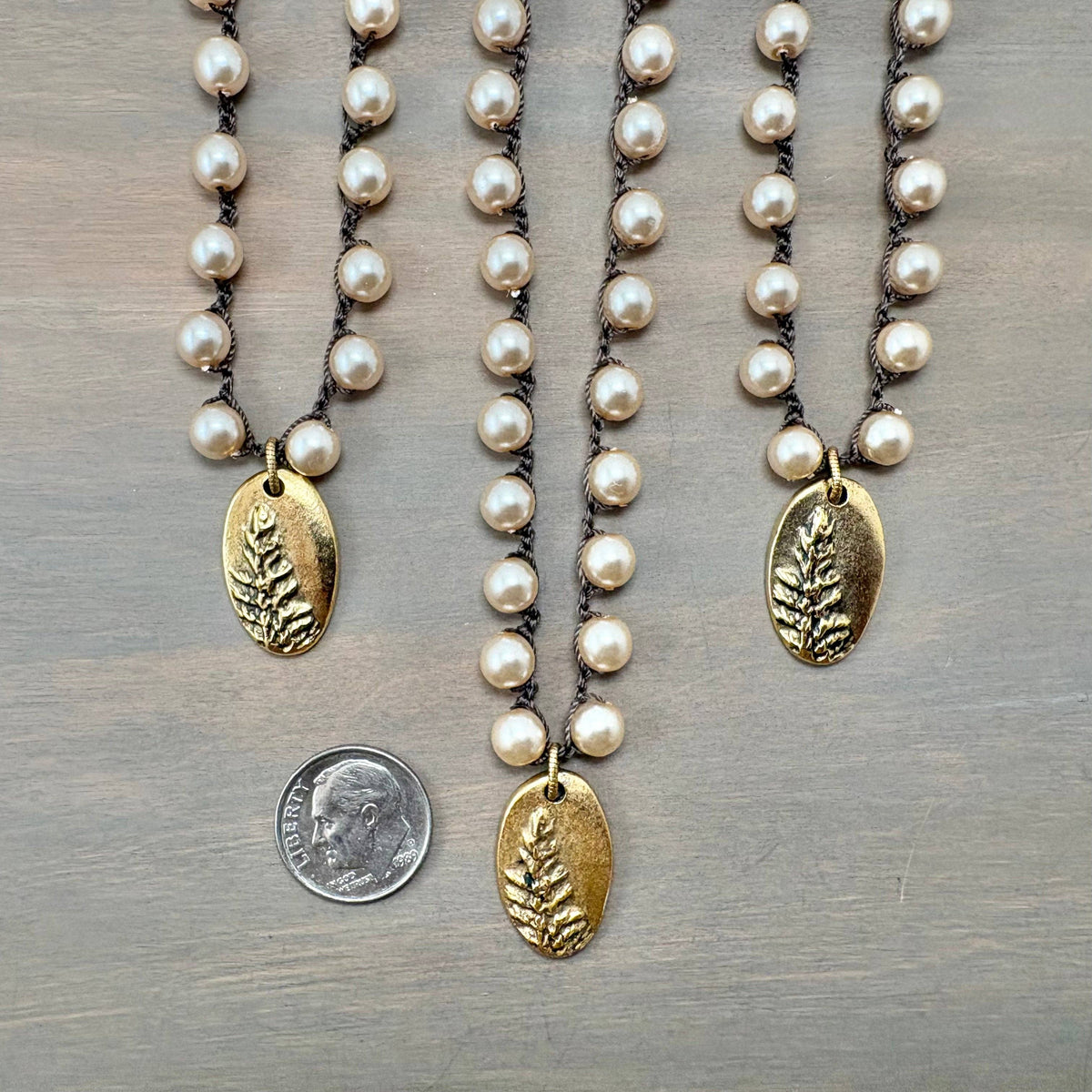 Redwood Forest Golden Pendant Crocheted Necklace With Classic Glass Pearls