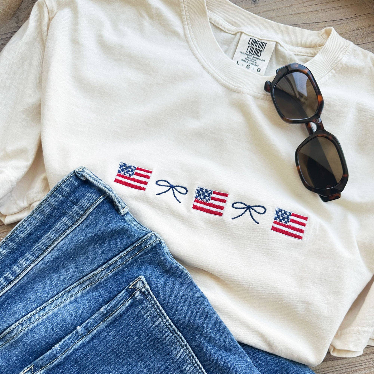American Flag and Dainty Bow Embroidered T-Shirt