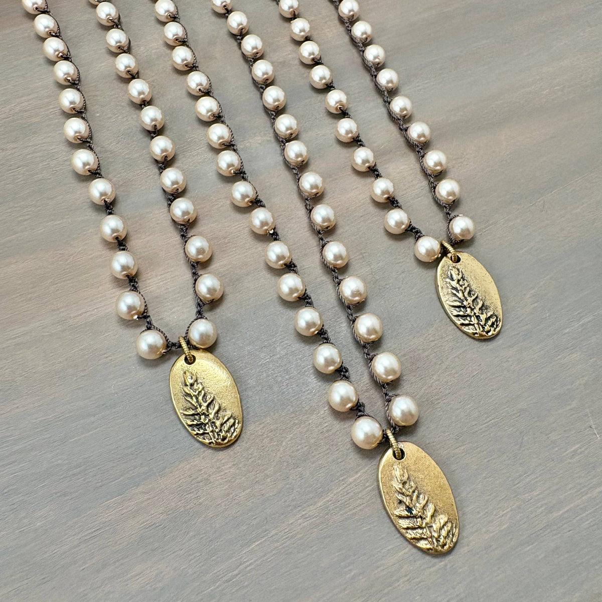 Redwood Forest Golden Pendant Crocheted Necklace With Classic Glass Pearls