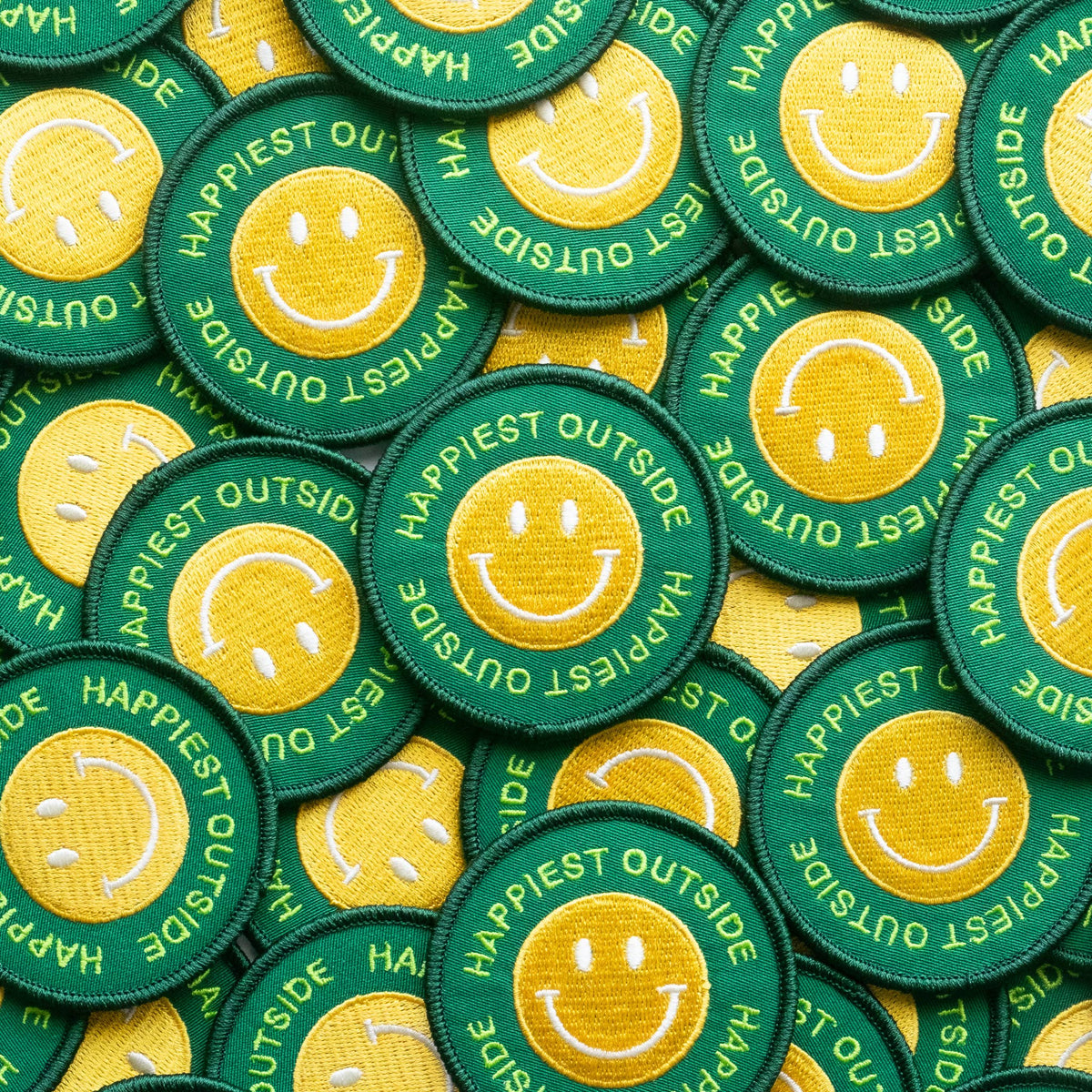 Happiest Outside Smiley Embroidered Iron on Patch