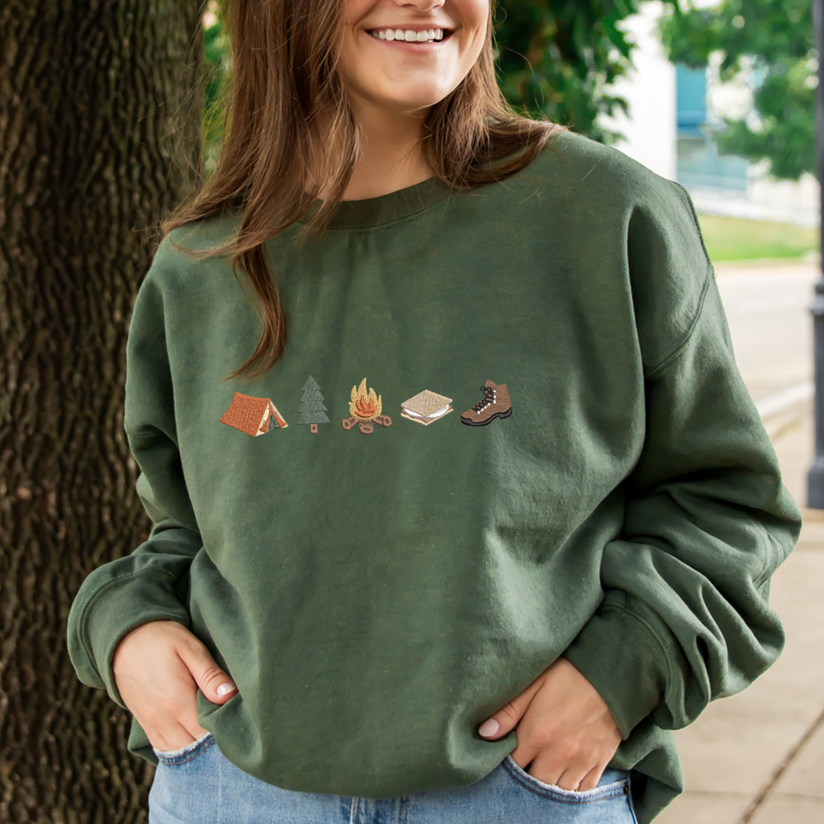 Camping Icons Embroidered Crewneck Sweatshirt