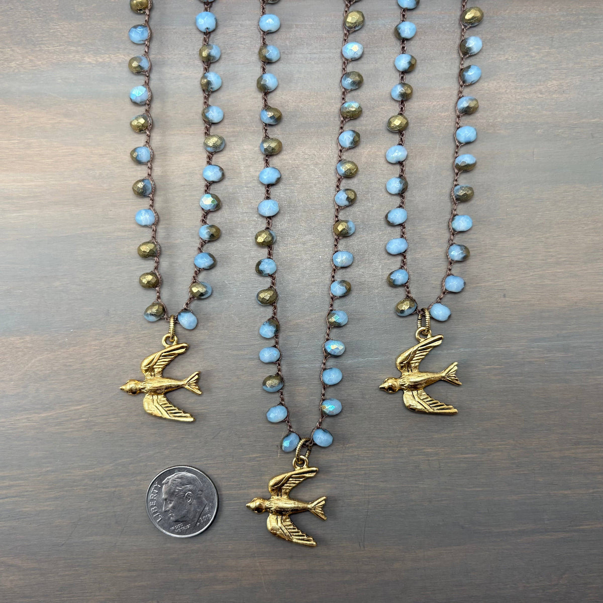 Golden Wing Fly Away Bird Crocheted Crystal Necklace