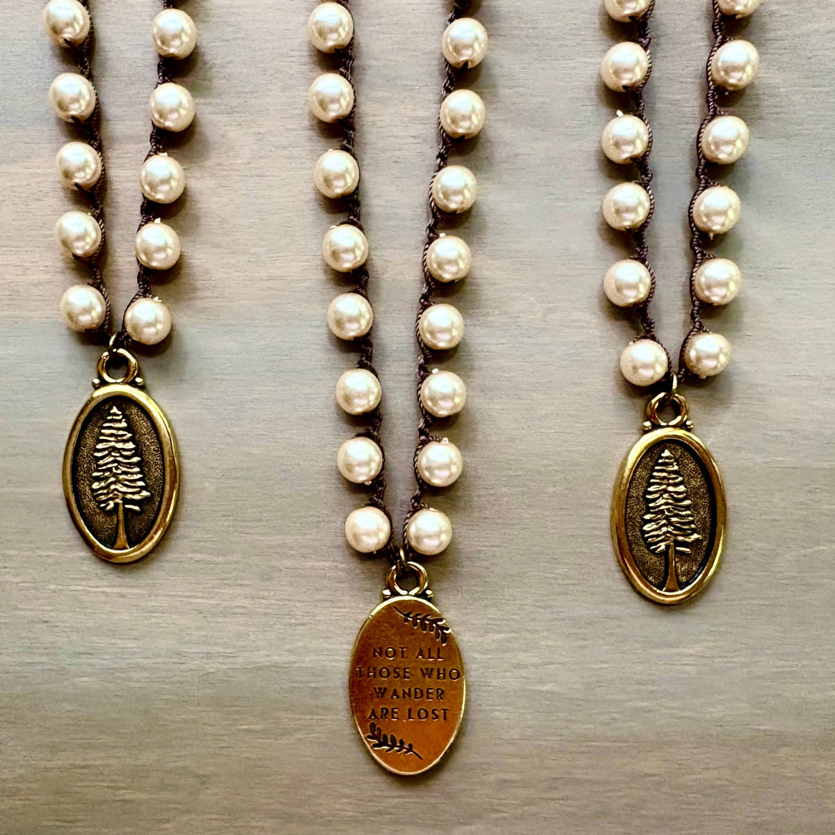 Not All Who Wander Reversible Tree Pendant on Glass Pearls