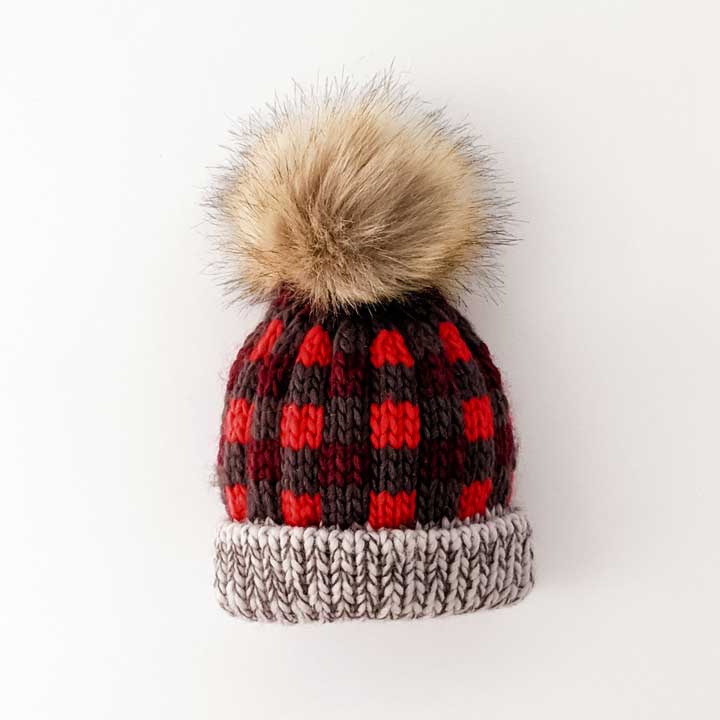 Red Buffalo Check Pom Pom Beanie Kids Hat