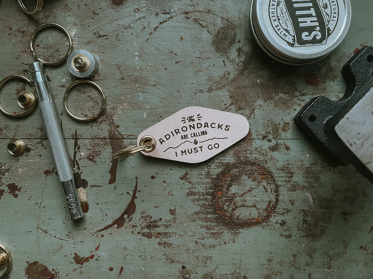 The Adirondacks are Calling Leather Keychain